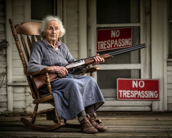 Elderly Woman with Shotgun on Wooden Porch