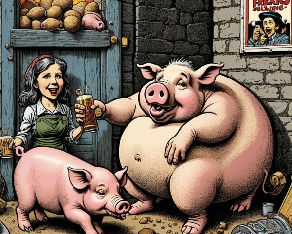 Whimsical Scene with Woman, Pigs, and Rustic Decor