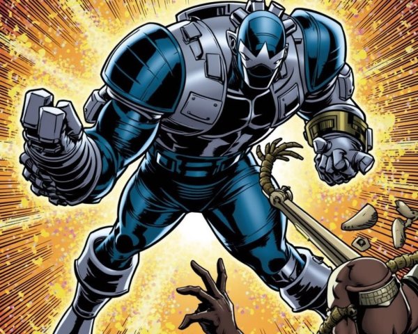 Armored Superhero with Mechanical Arm in Confrontation