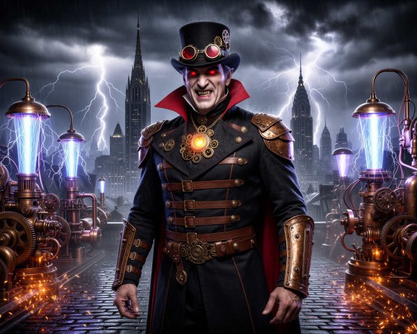 Steampunk Vampire Character in Dark City Setting