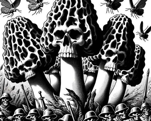 Surreal Artwork of Skull-Like Mushrooms and Soldiers
