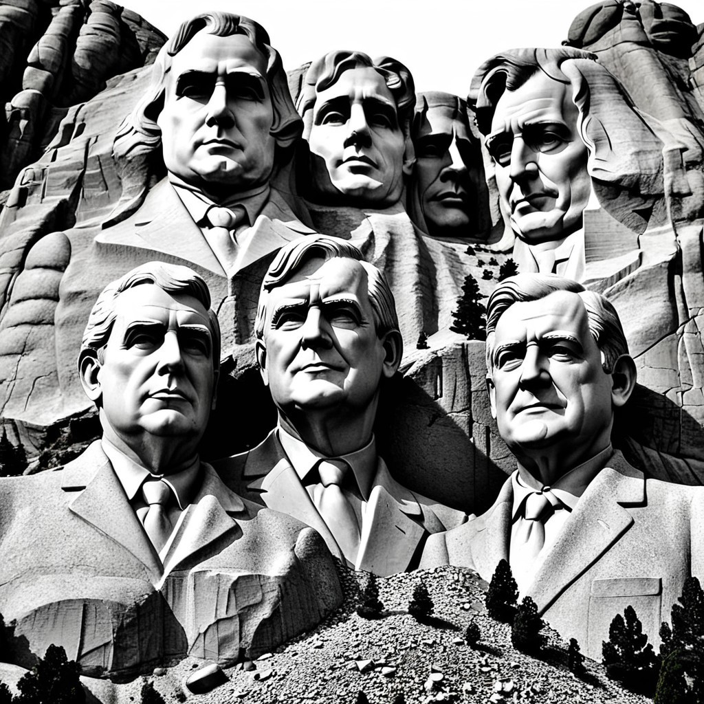 Black-and-white sculpture of historical figures in stone