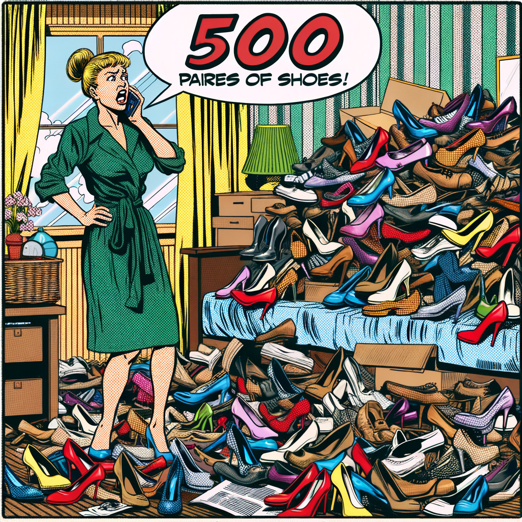 Woman in Green Robe Surrounded by 500 Shoes