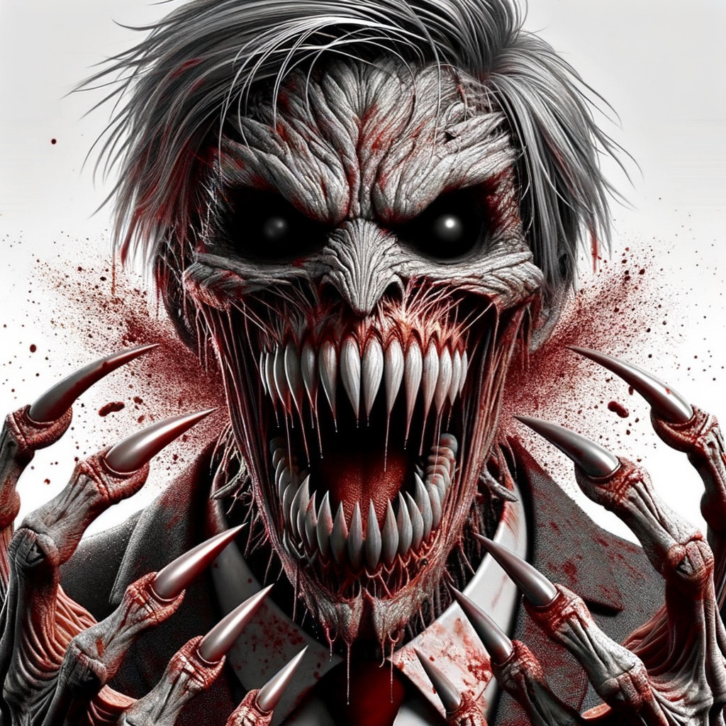 Grotesque Creature in Formal Suit with Horrifying Features