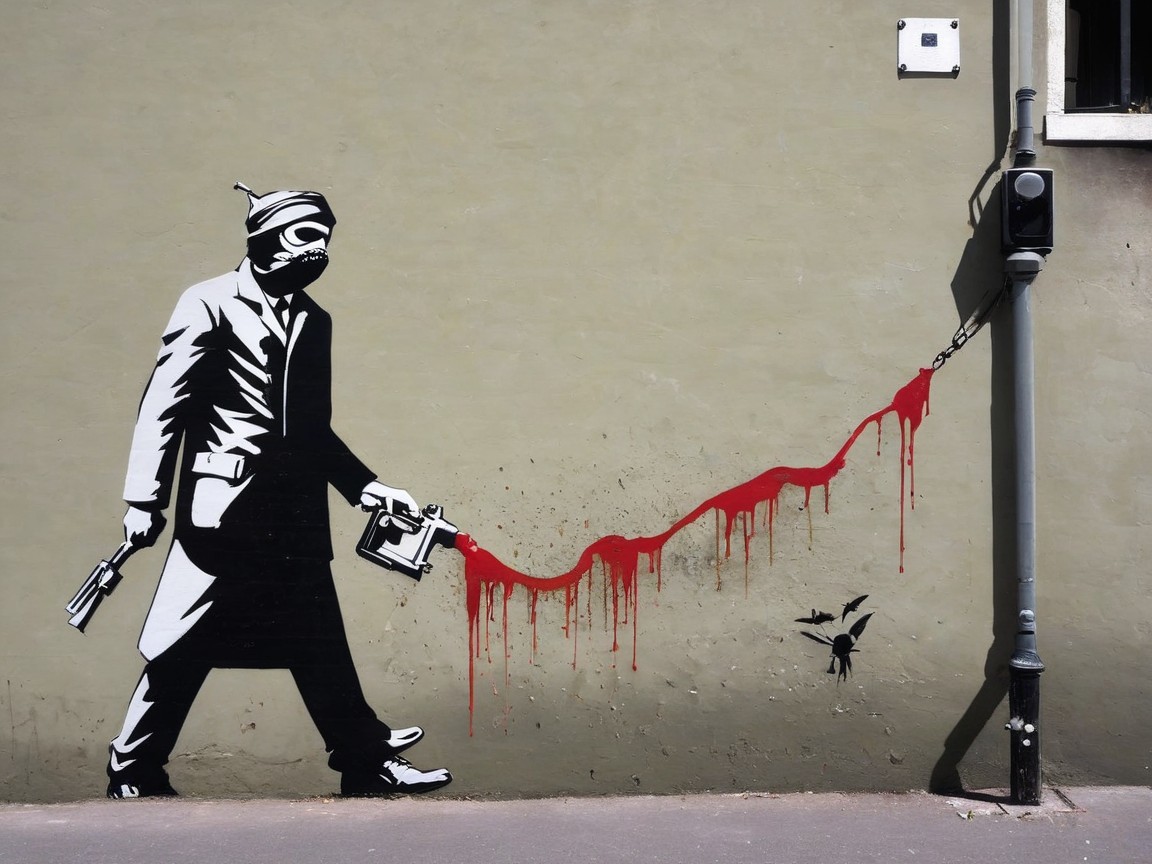 Mural of a masked figure with spray can and pistol