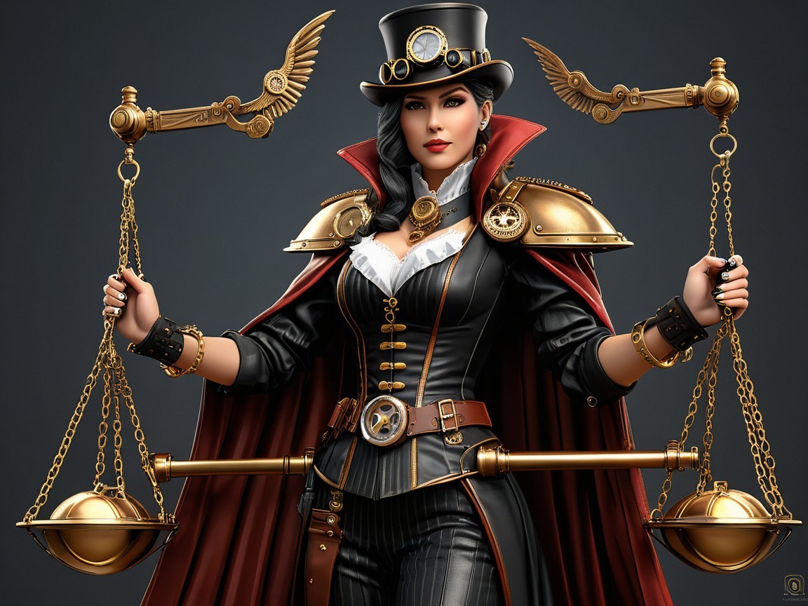 Steampunk Woman in Costume Holding Golden Scale
