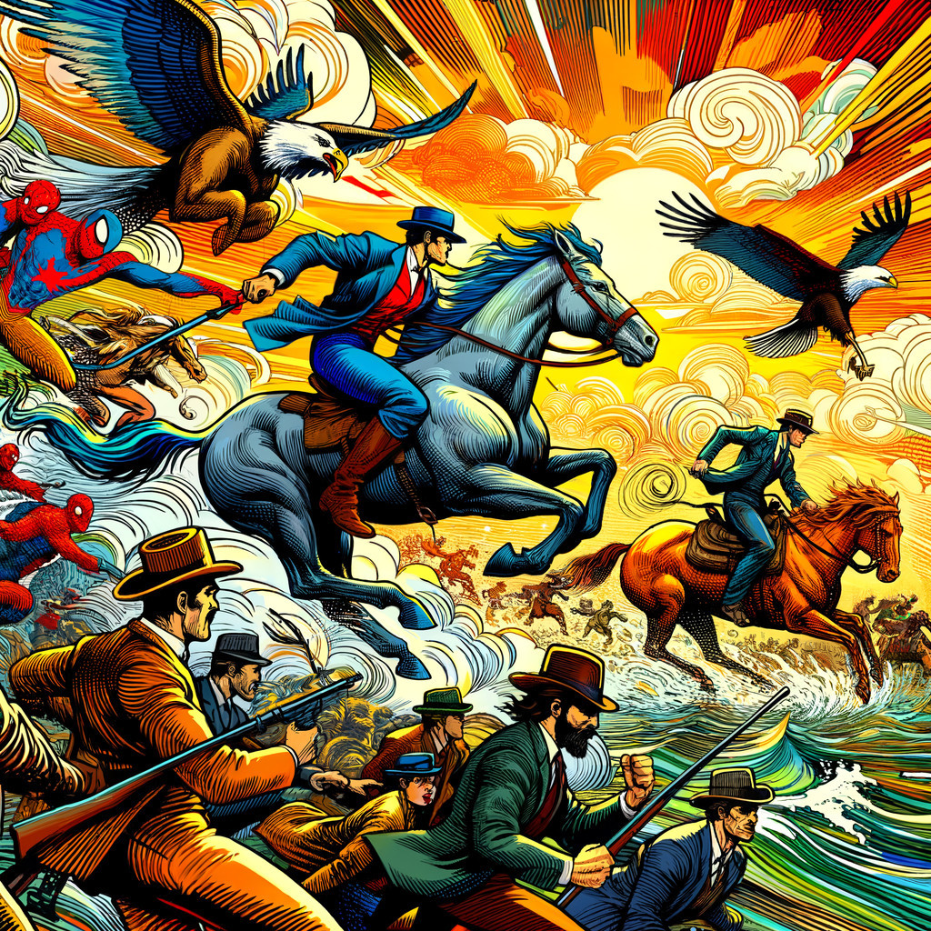 Dynamic Action Scene with Horses and Soaring Eagle