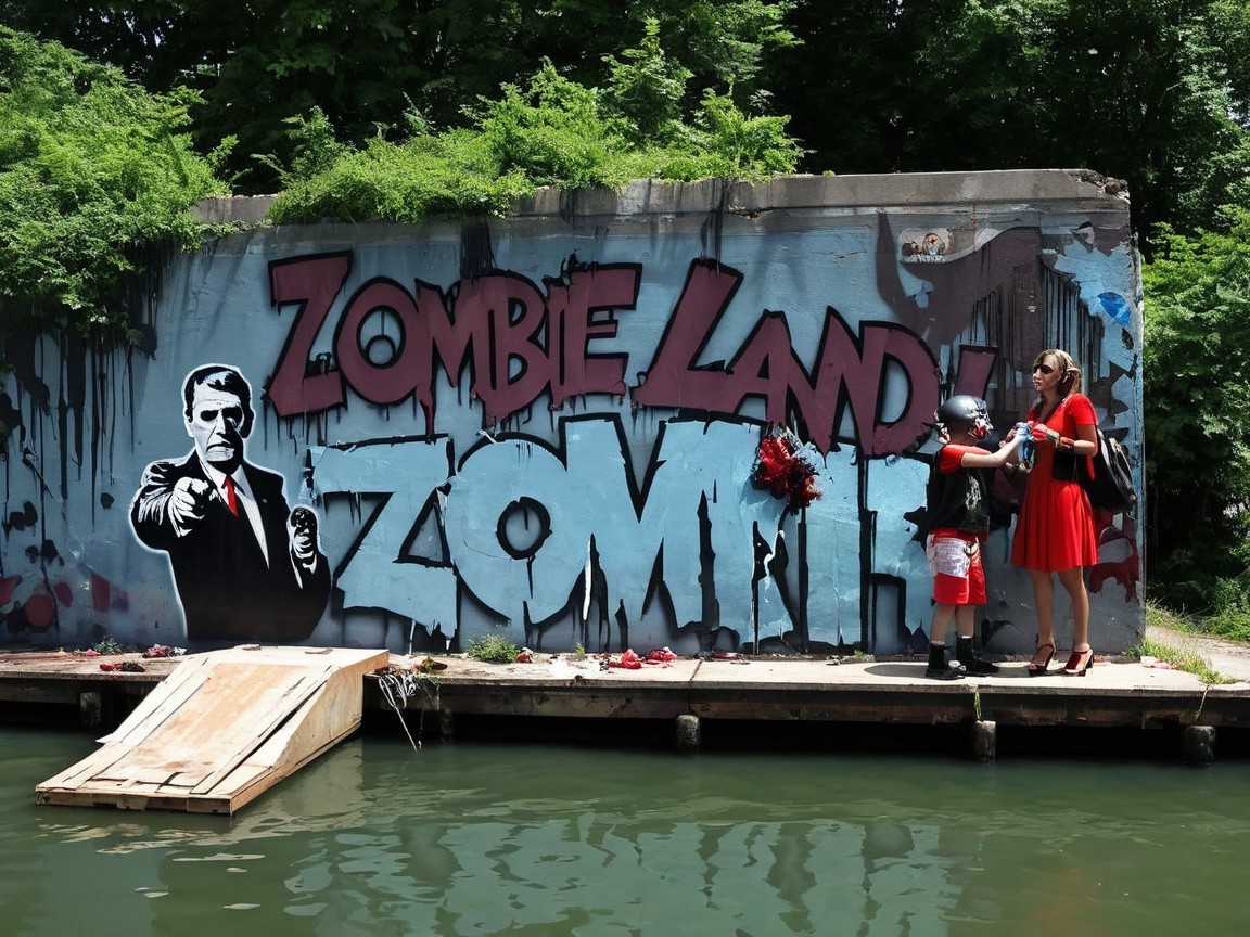 Graffiti Mural of "ZOMBIE LAND" with Figures and Flowers