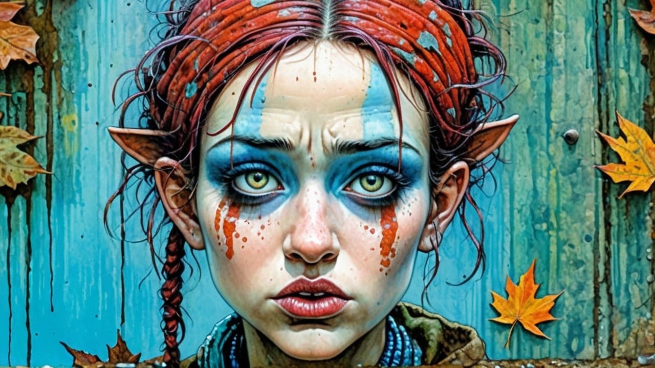 Young woman with red hair and tribal markings in autumn