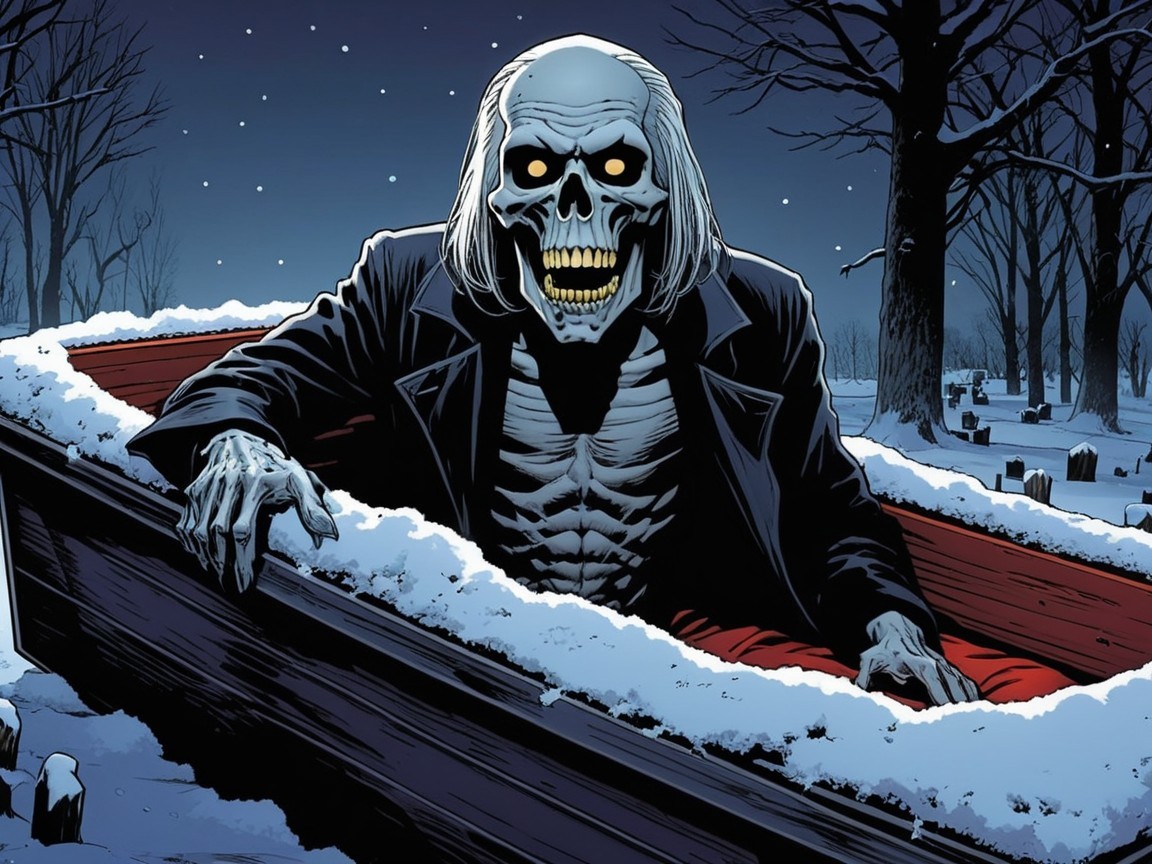 Skeletal Figure in Coffin Surrounded by Snowy Graveyard