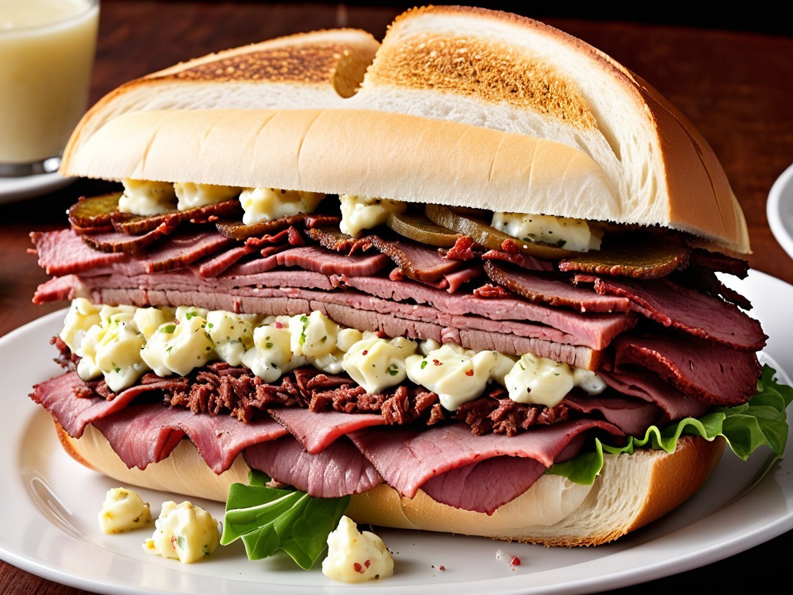 Towering Roast Beef Sandwich with Fresh Garnishes