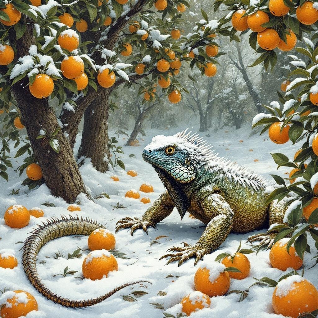 Colorful Lizard in Surreal Orange Orchard Landscape