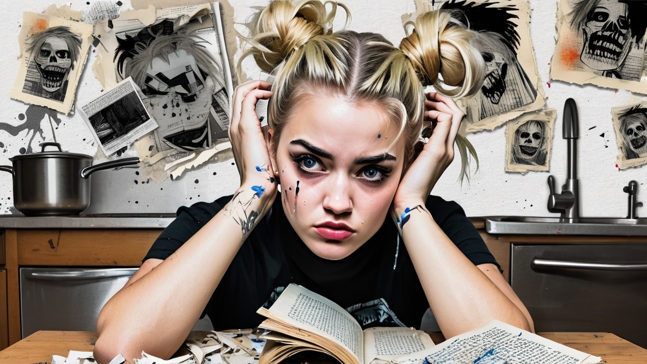 Young Woman at Cluttered Kitchen Table with Books