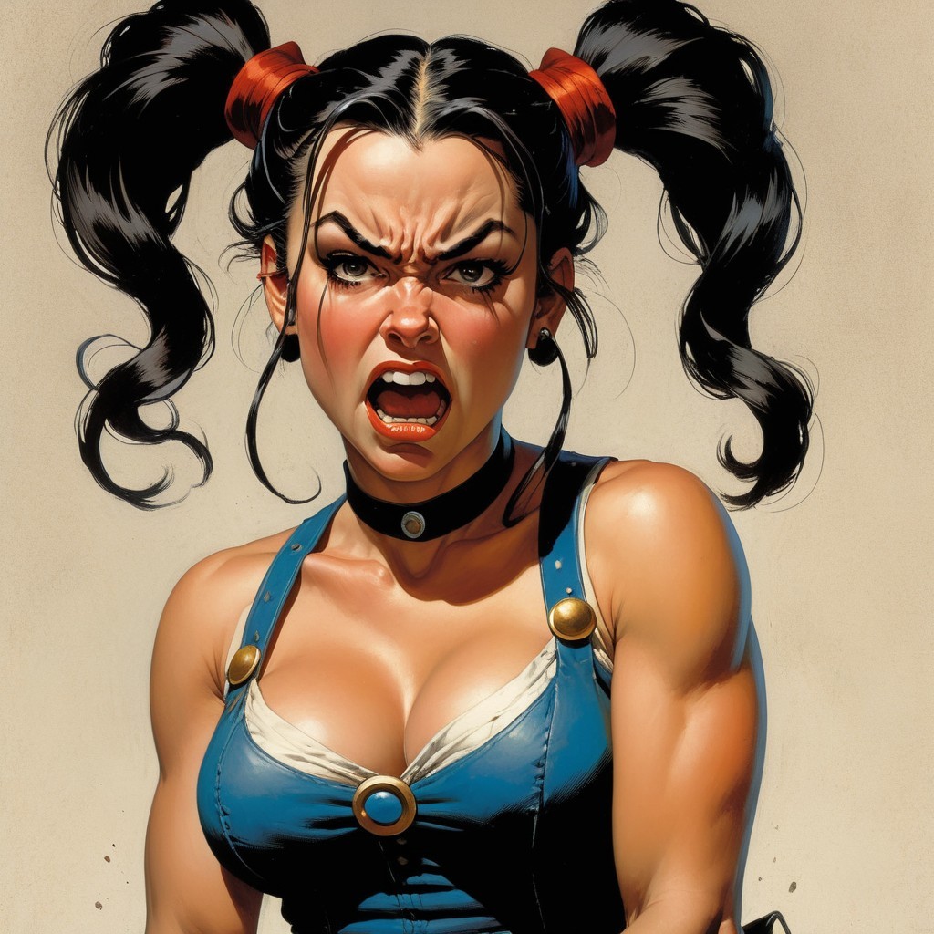 Fierce Woman in Blue Outfit with Intense Expression