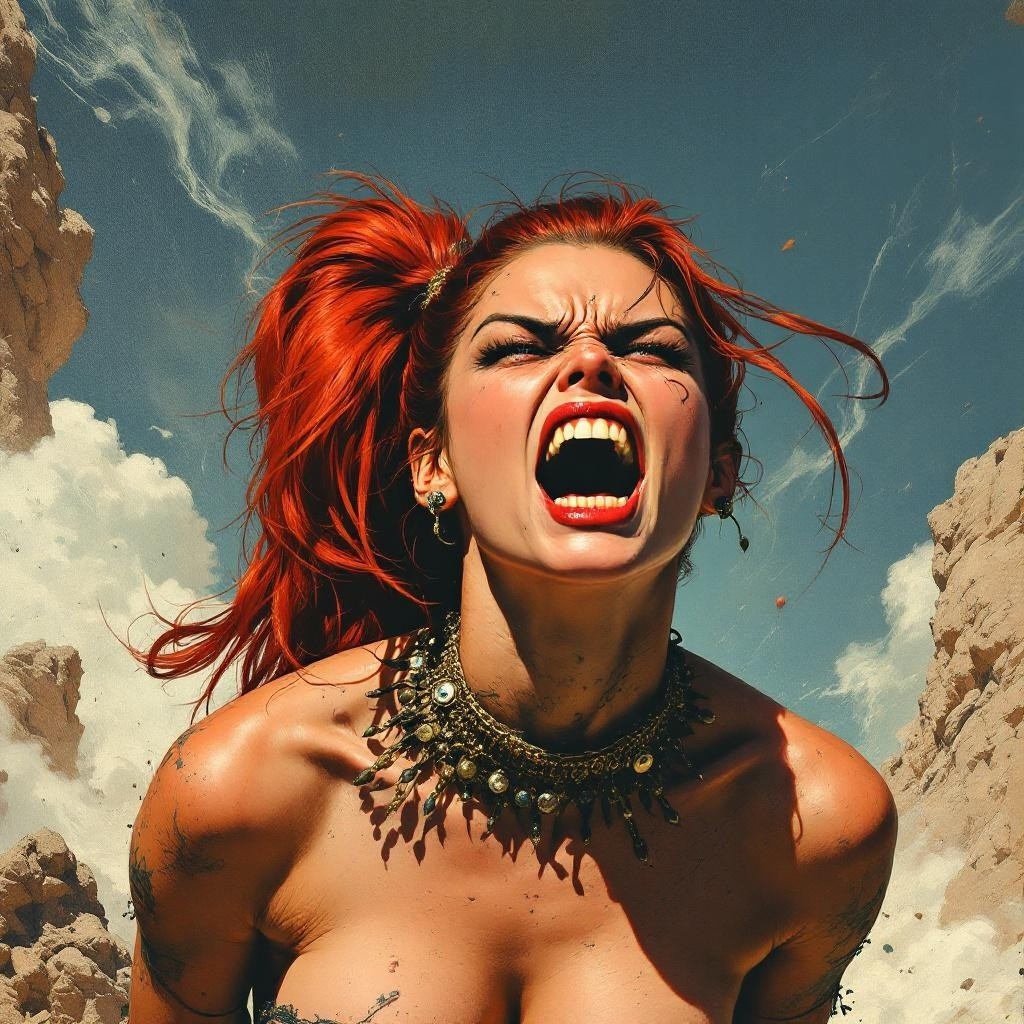 Fierce Warrior Woman Against Dramatic Sky and Cliffs