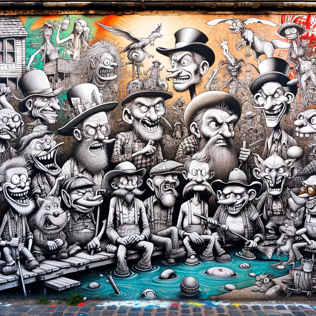 Vibrant Mural with Whimsical Caricatures and Surrealism