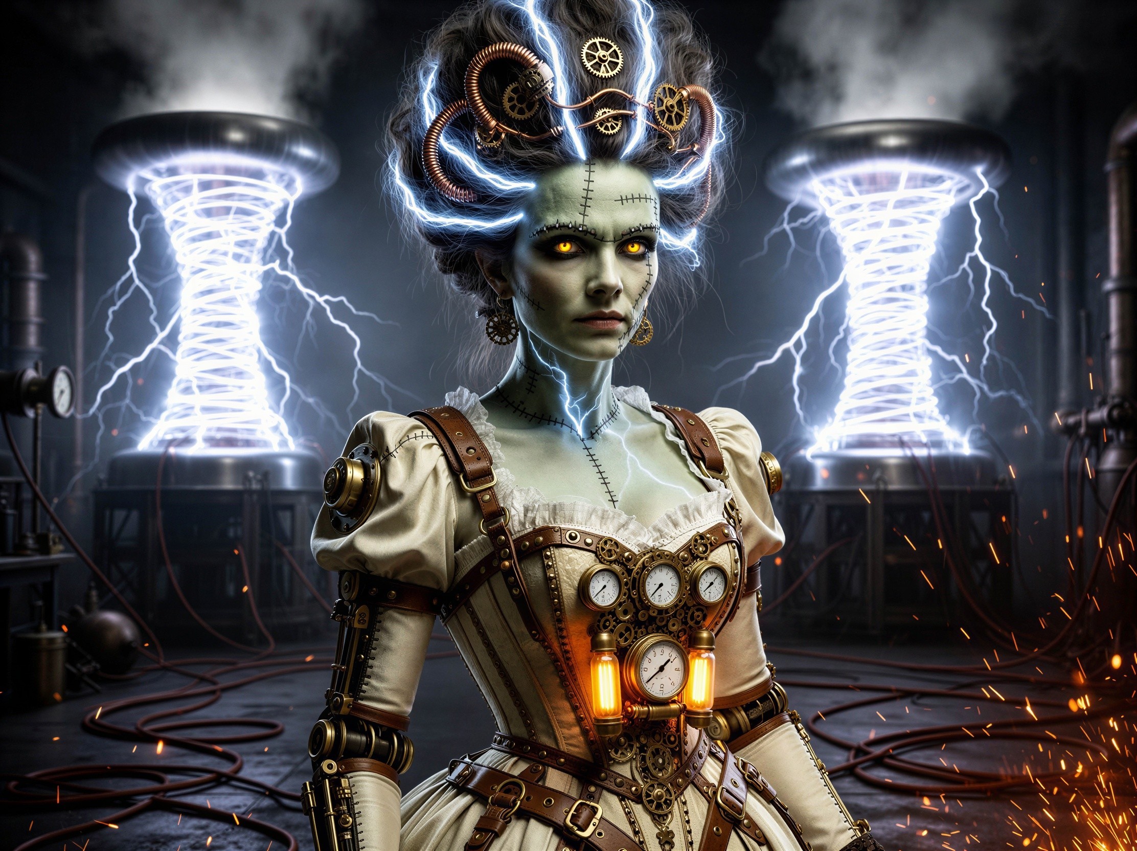 Steampunk Bride of Frankenstein in Industrial Setting