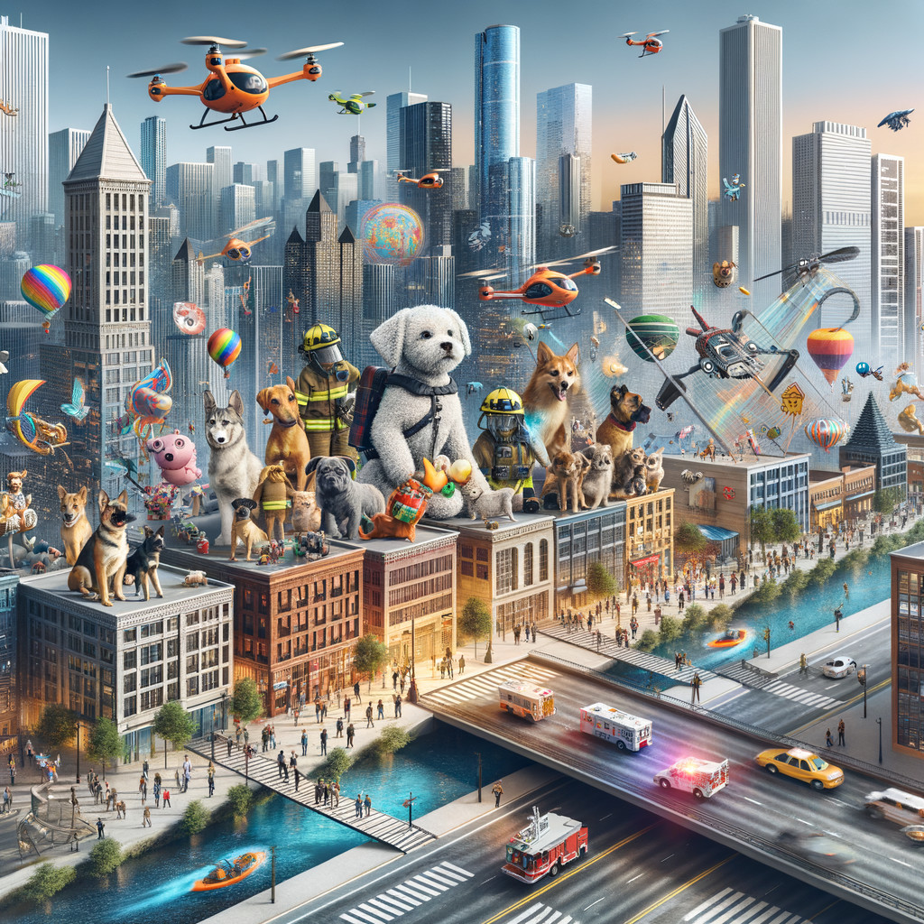 Vibrant city scene with playful animals and activities