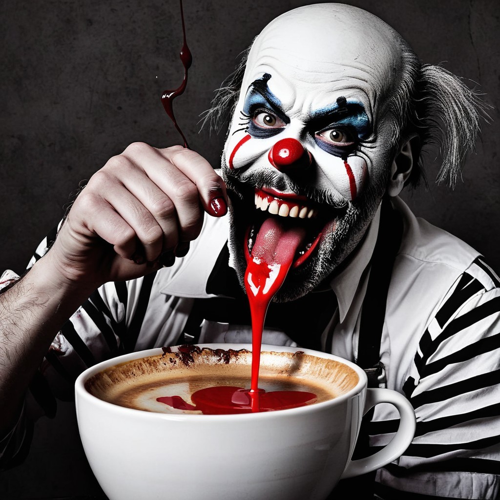 Menacing Clown with Coffee and Exaggerated Makeup