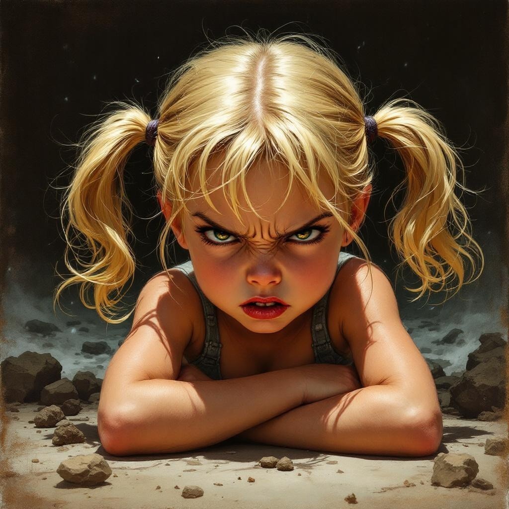 Young girl with blonde pigtails in rocky terrain