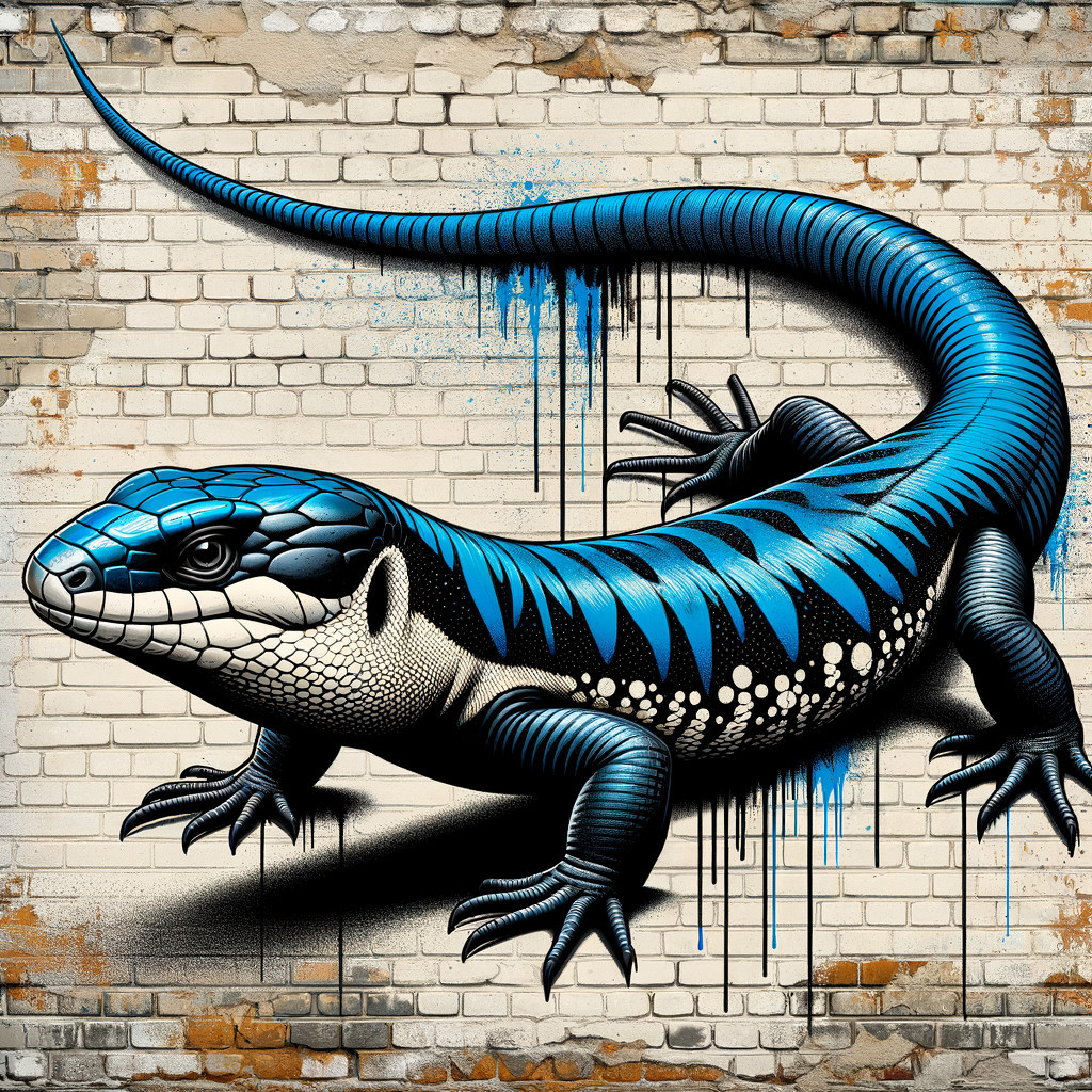 Vibrant Lizard Mural on Weathered Brick Wall
