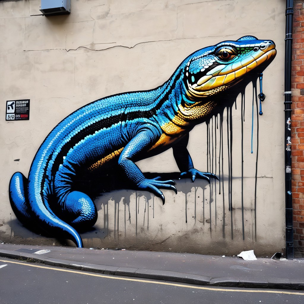 Vibrant Mural of Blue and Yellow Lizard on Wall
