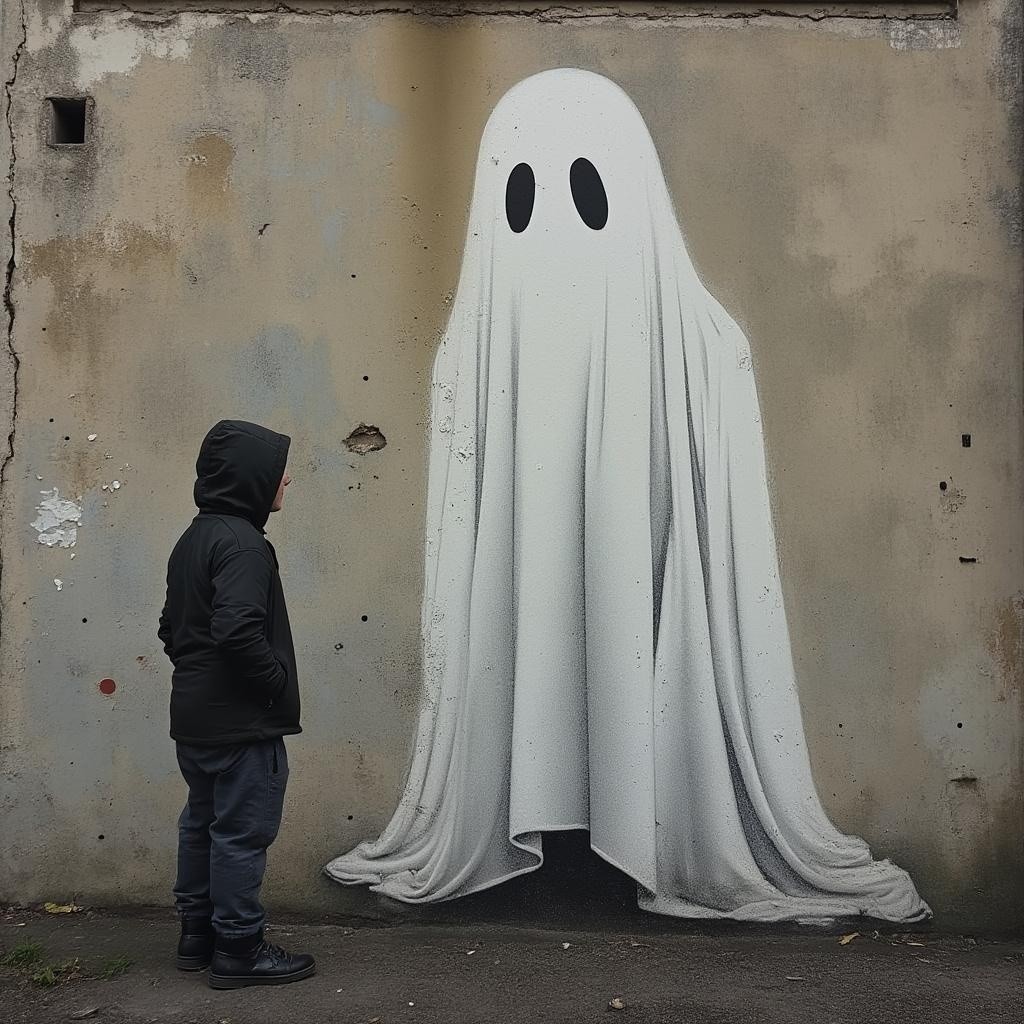 Mural of a ghost on a weathered wall with observer