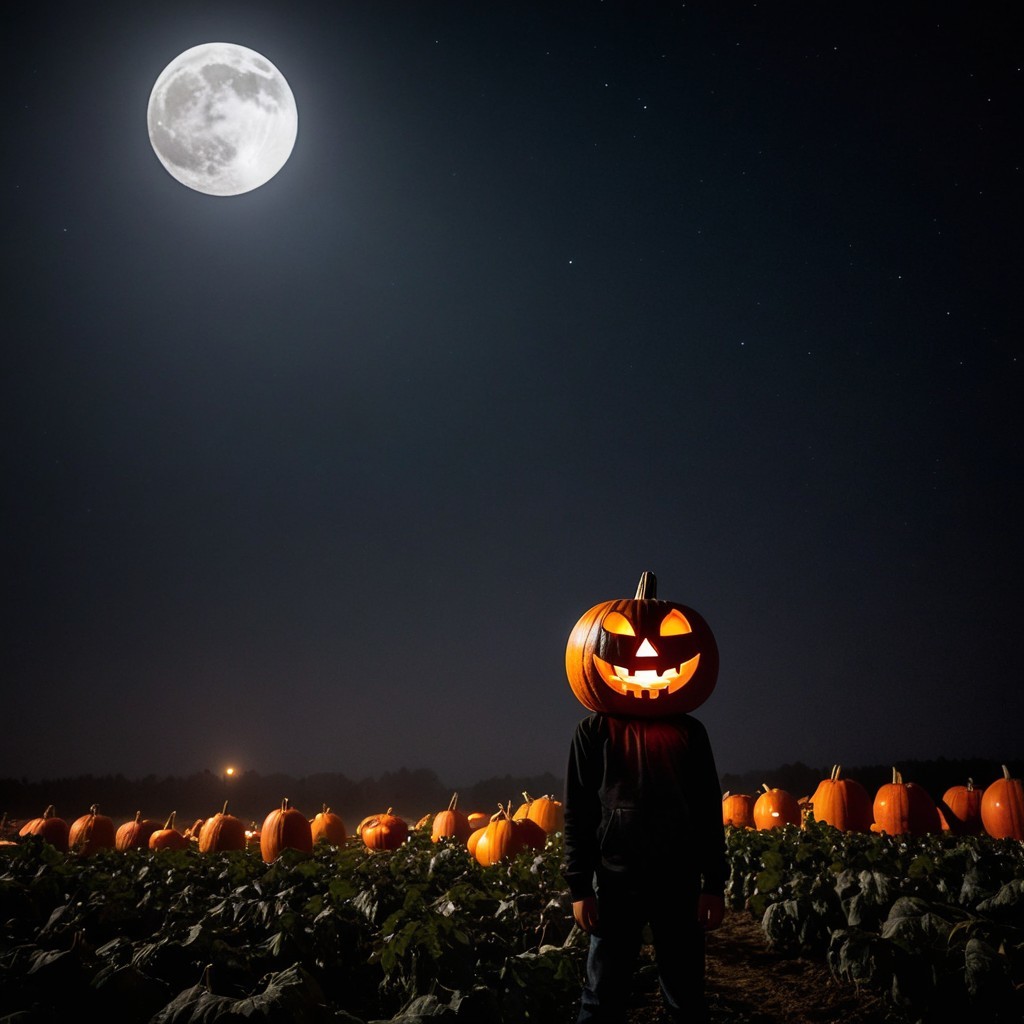 Person in pumpkin patch with carved pumpkin head at night
