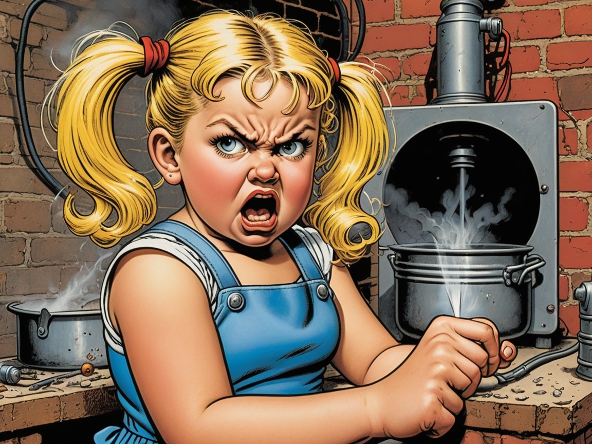 Young girl in blue dress looks frustrated in kitchen