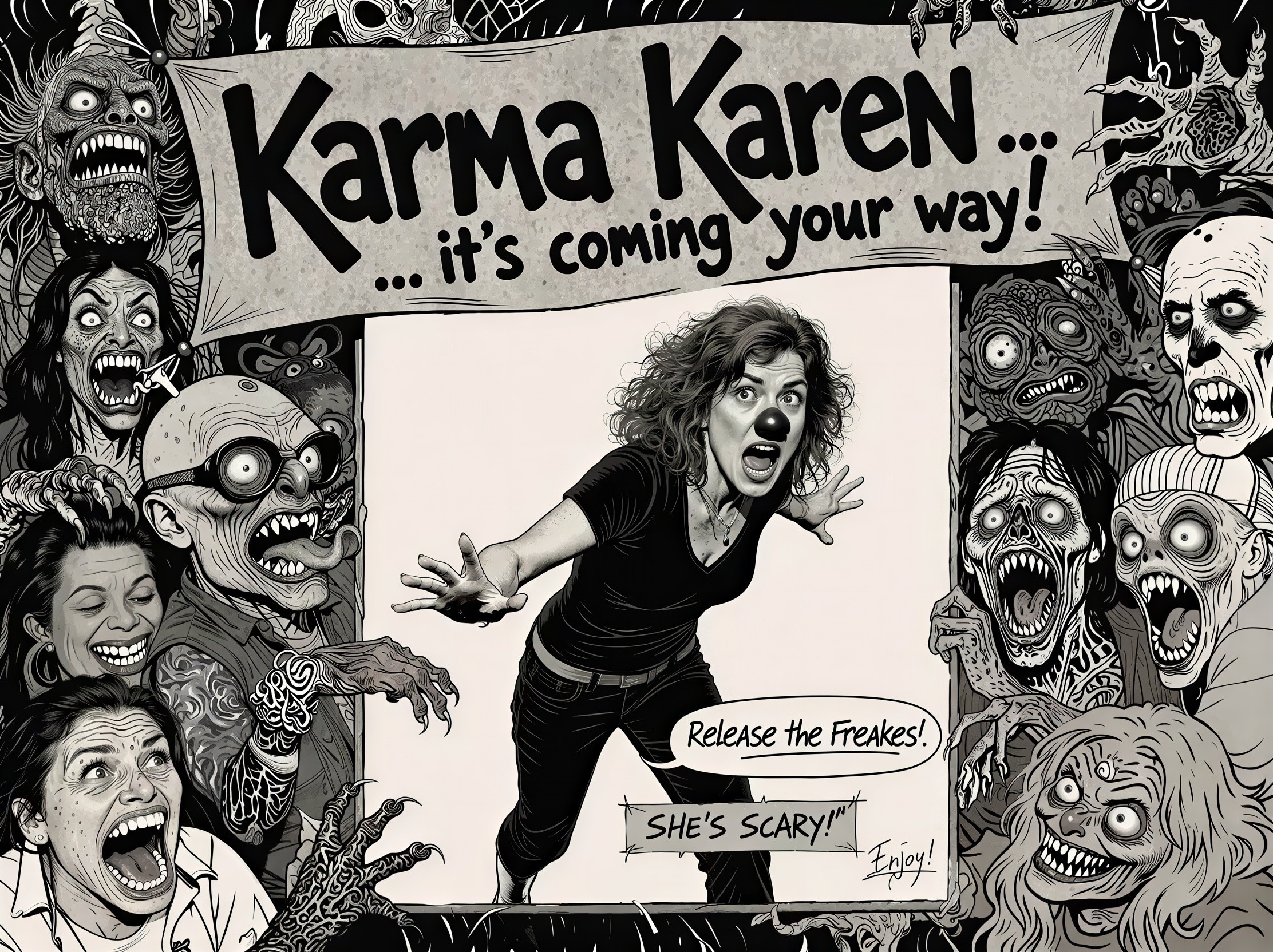 Karma Karen Surrounded by Zombies and Monsters