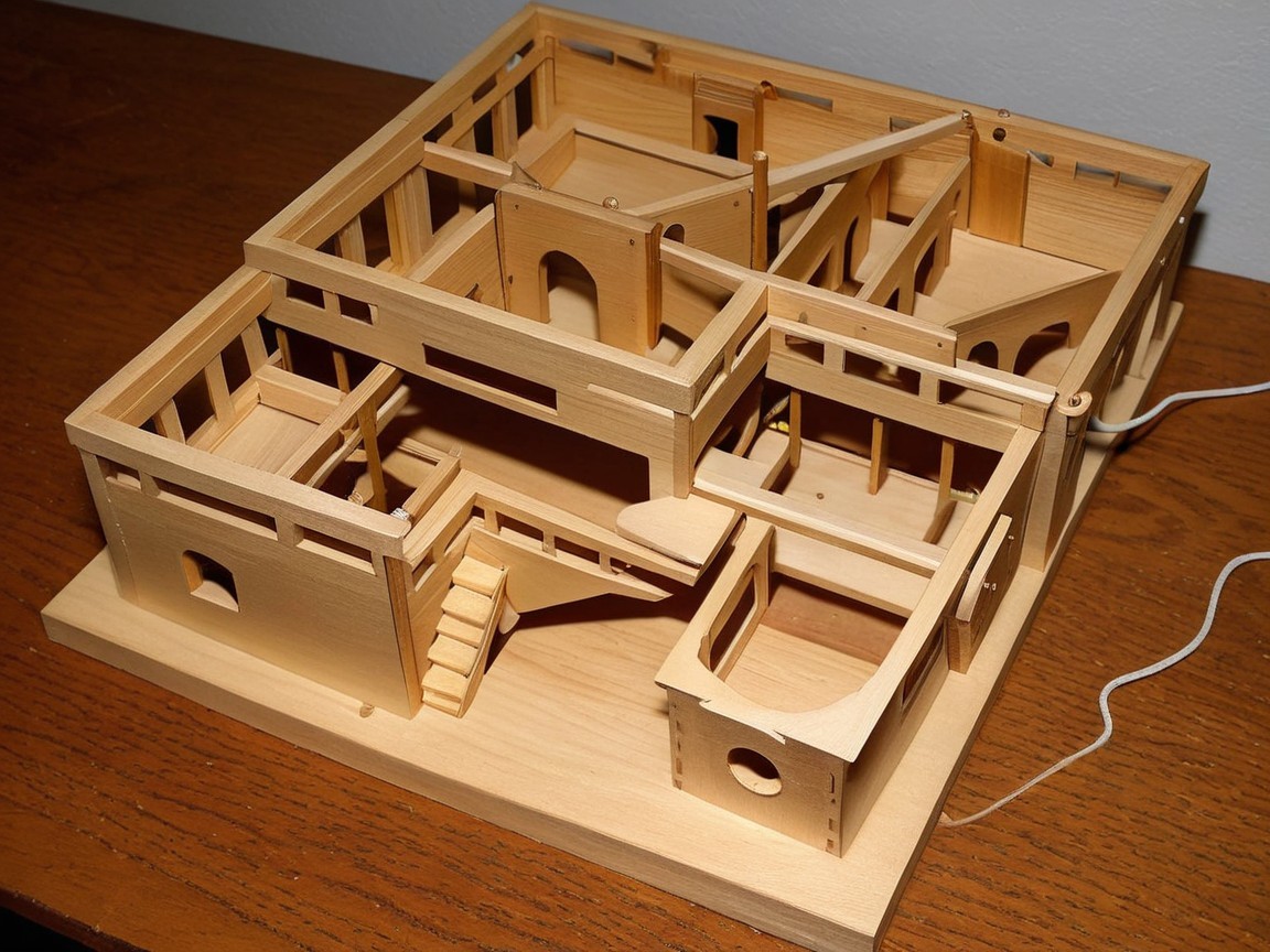 Wooden Architectural Model of a House with Detailed Design