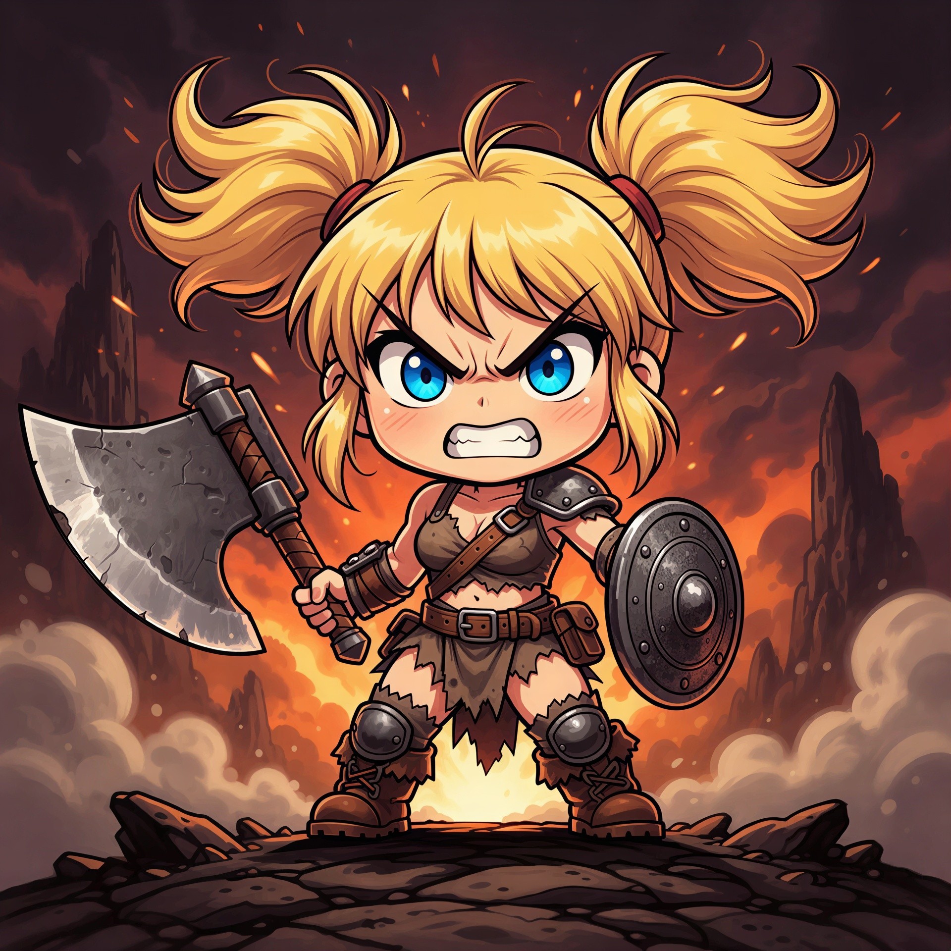 Chibi Female Warrior with Axe and Shield in Dramatic Sky