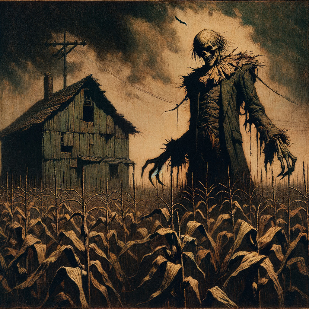 Menacing Scarecrow in a Barren Cornfield Scene