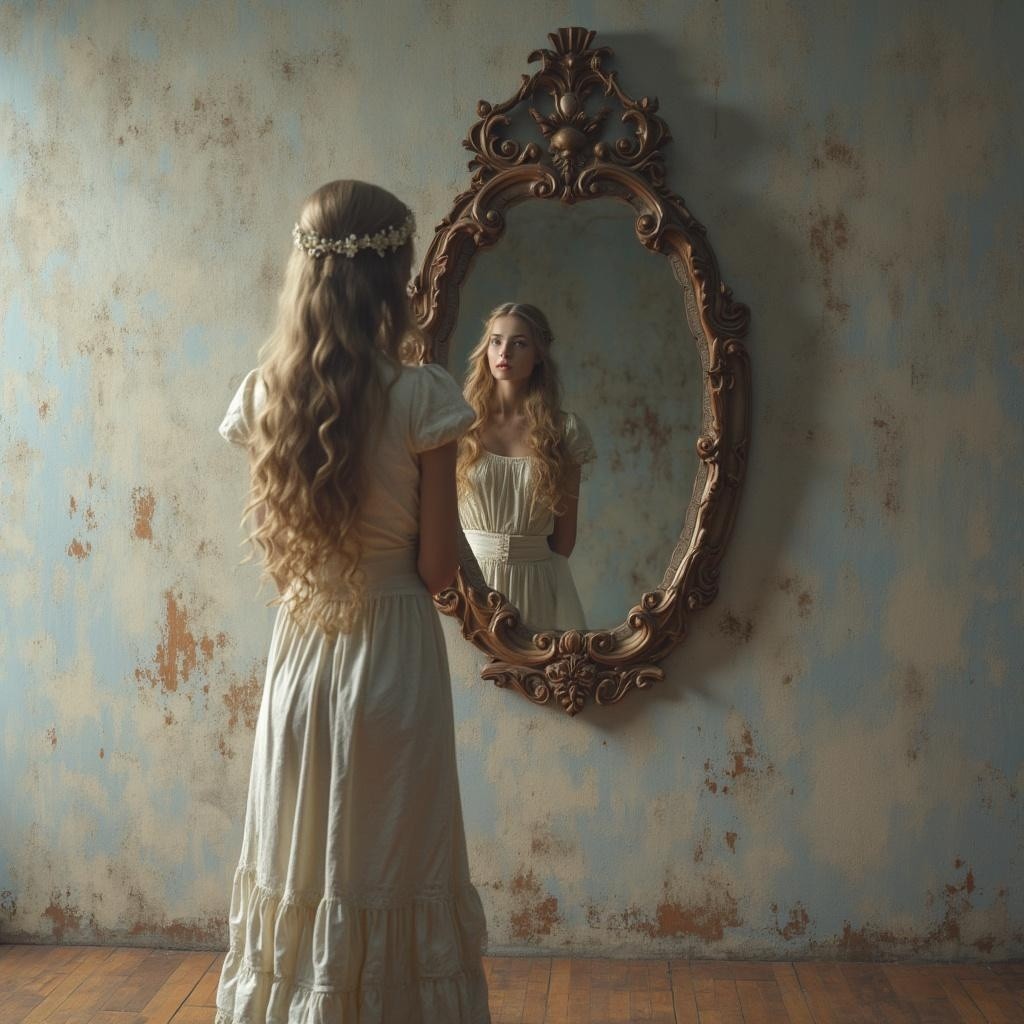 Young Woman in Vintage Mirror with Ethereal Reflection