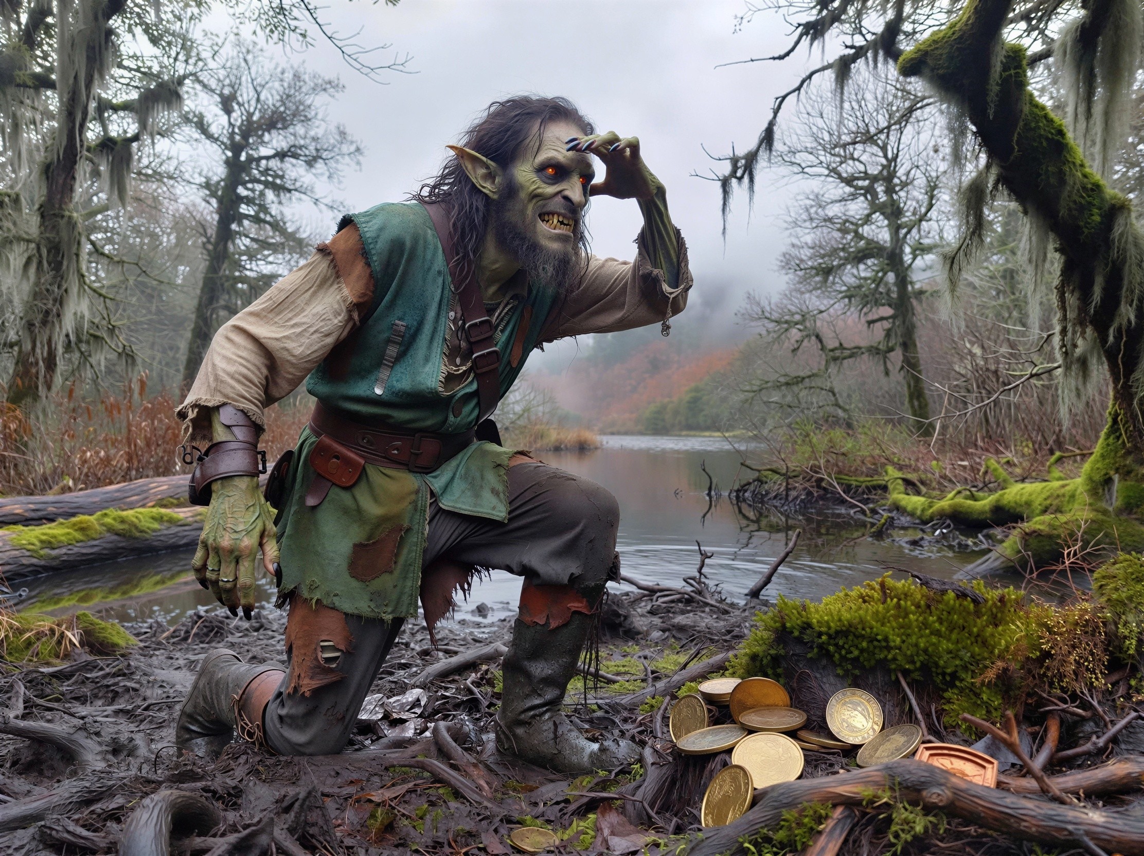 Detailed Outdoor Scene of a Goblin-Like Hunter