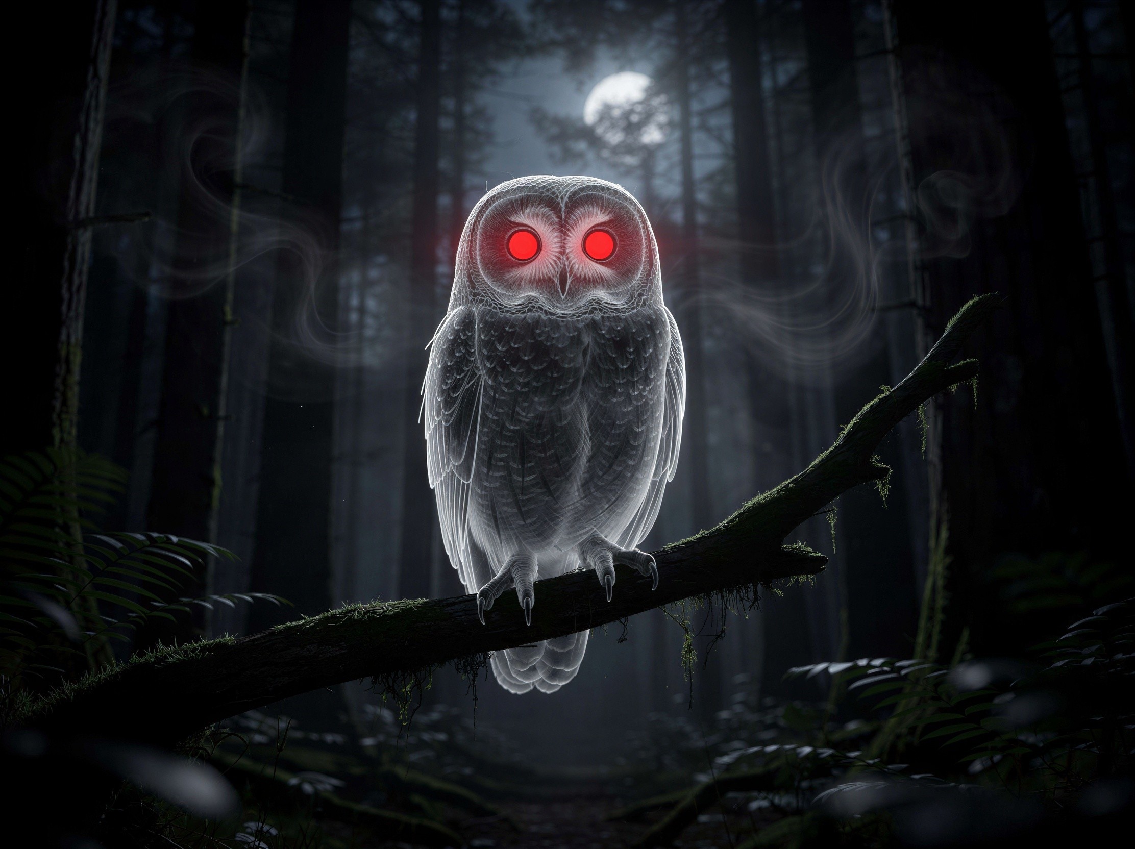 Ghost Owl in Dark Forest with Glowing Red Eyes