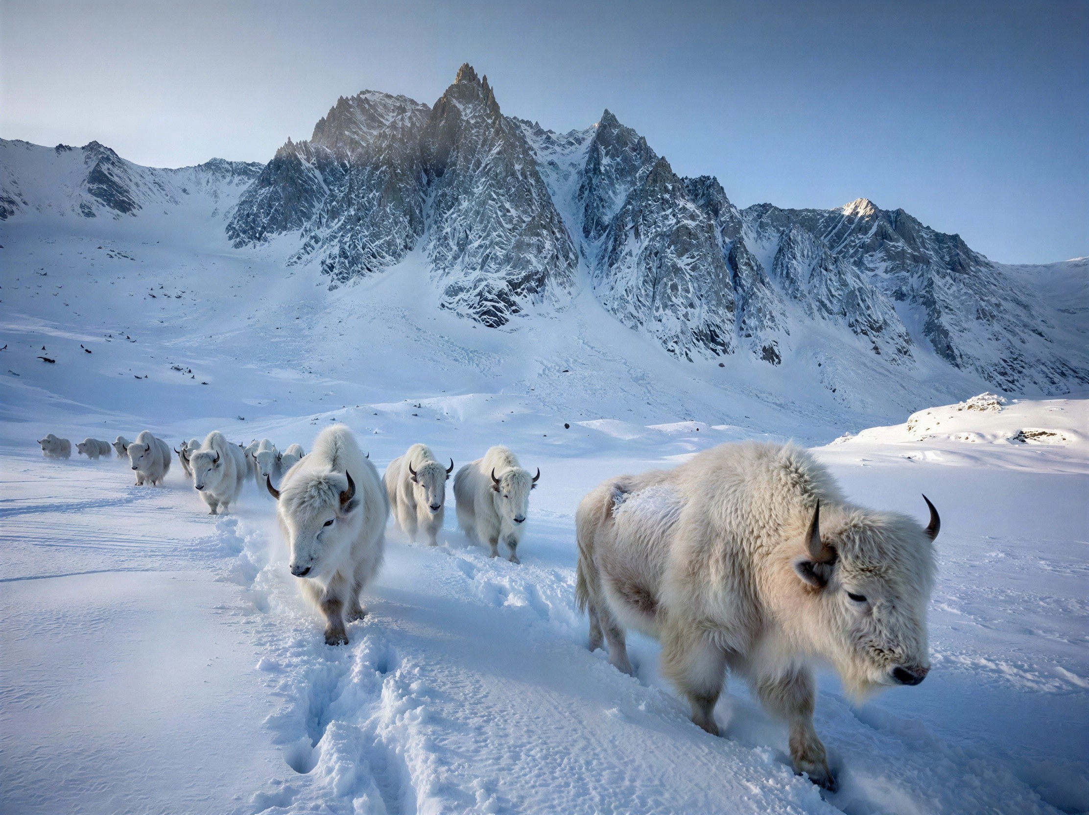 Shaggy white bisons walking in deep snow landscape