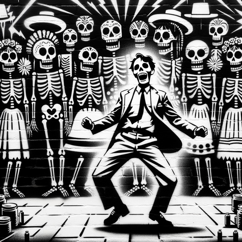Black-and-white mural of dancing skeletons and figure