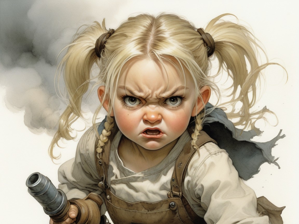 Fierce young girl with pigtails and cannon in smoke