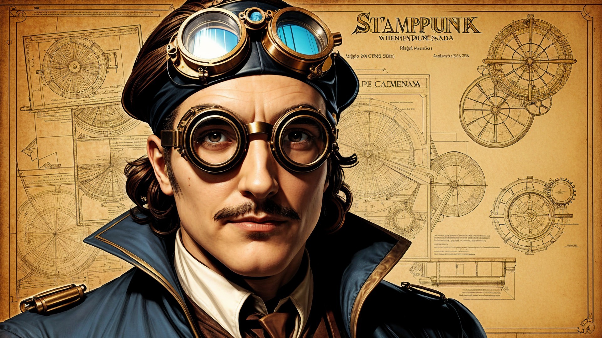 Steampunk Character with Vintage Goggles and Blueprints
