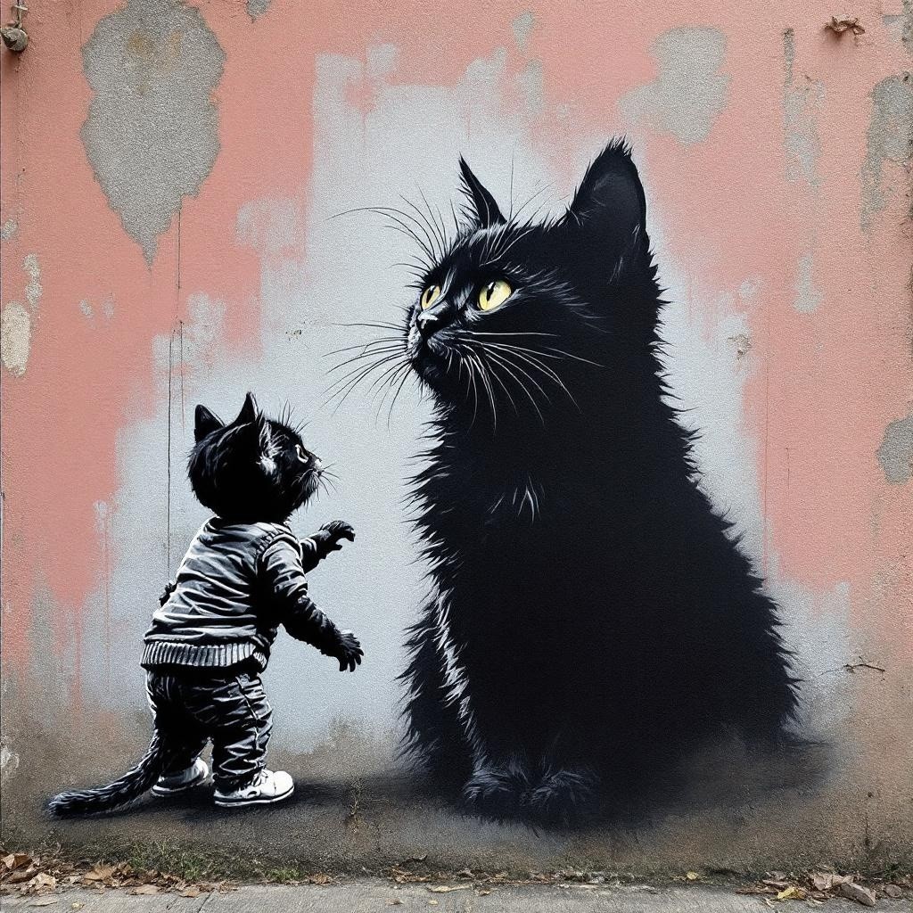 Charming Street Art Mural of Playful Kittens and Cats