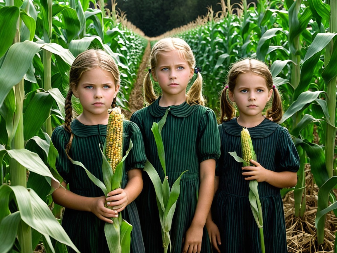 Young girls in green dresses in a cornfield setting
