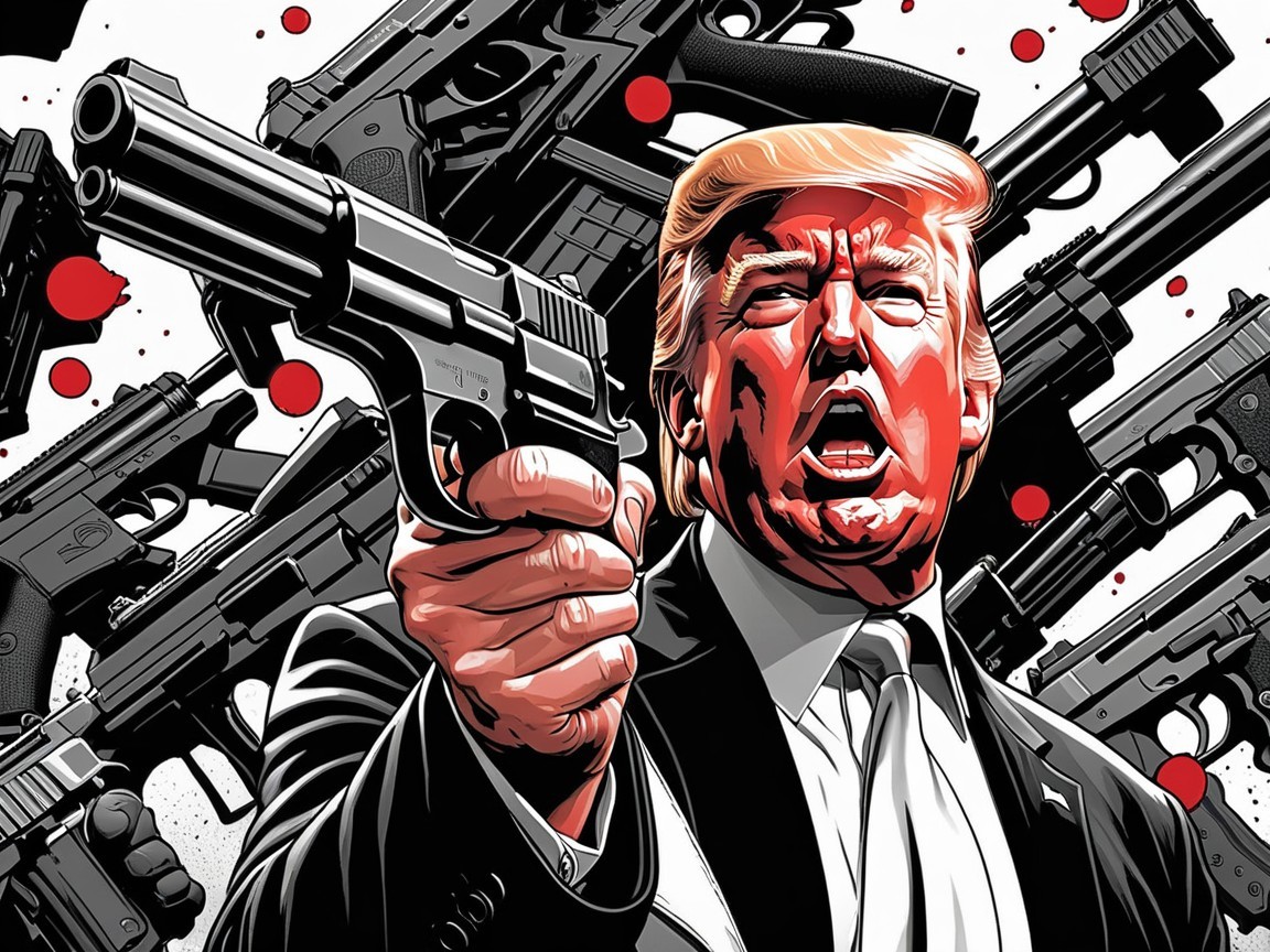 Stylized figure with handgun and dramatic firearm backdrop