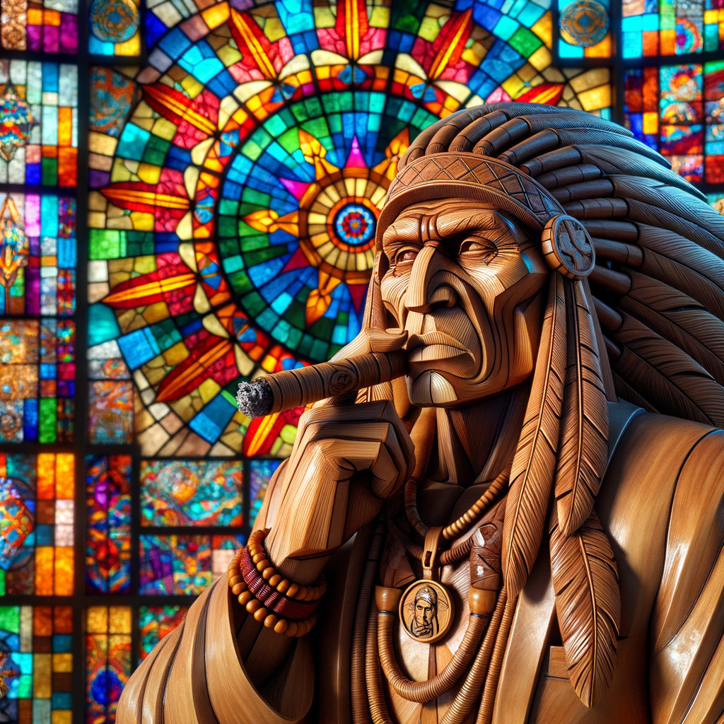 Wooden Sculpture of Native American Chief with Stained Glass
