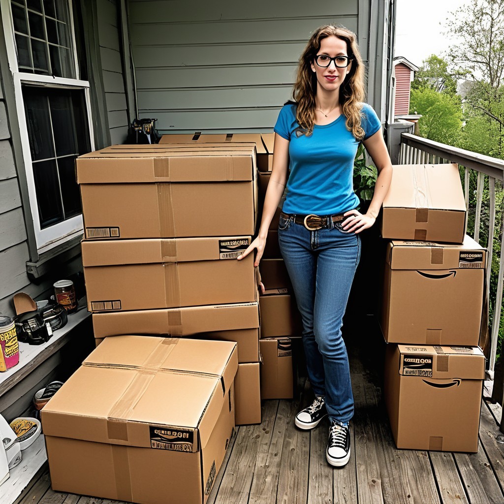 Young woman beside cardboard boxes on porch