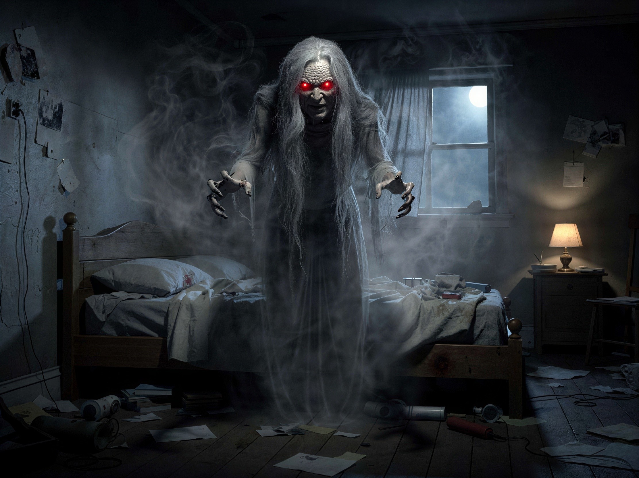 Old Woman Ghost in Dark Bedroom with Moonlight