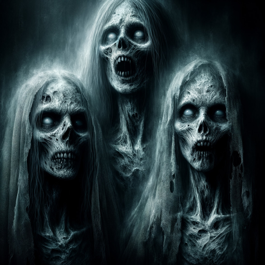 Ghostly Figures with Hollow Eyes in Foggy Background