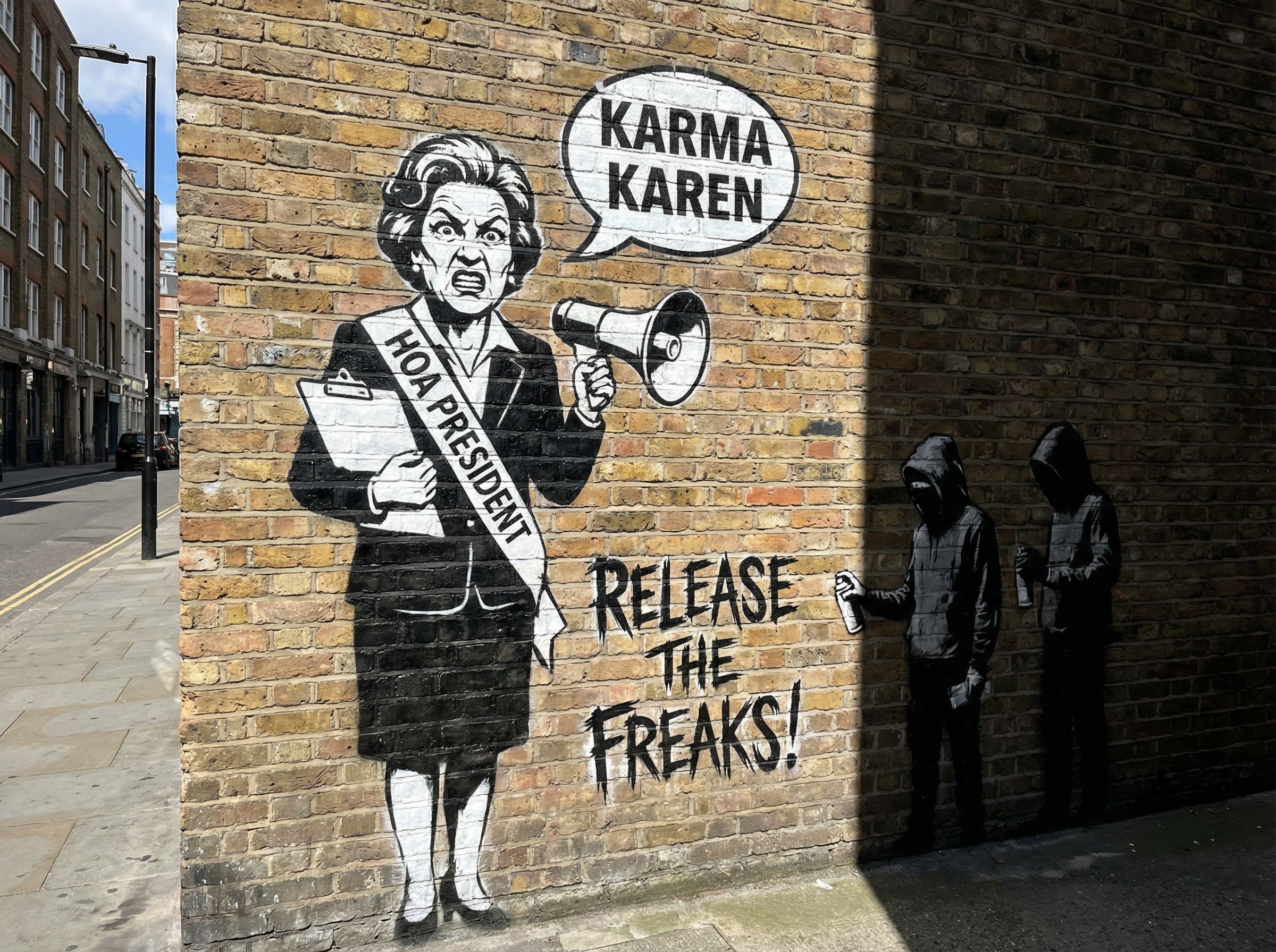 Graffiti Art of Angry Woman and Hooded Figures on Wall