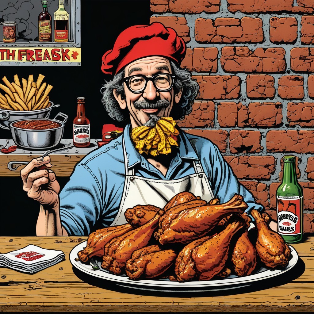 Cheerful chef with fried chicken at rustic table