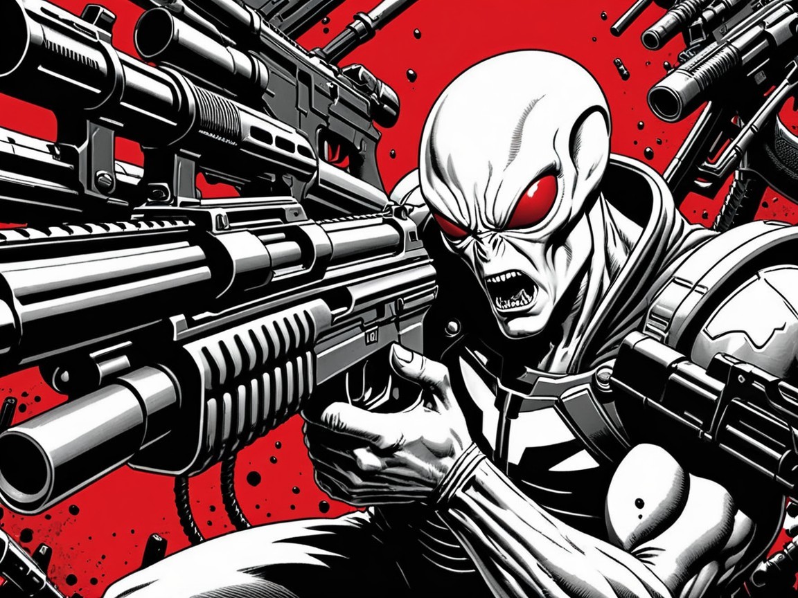 Muscular Figure with Assault Rifle and Futuristic Weapons